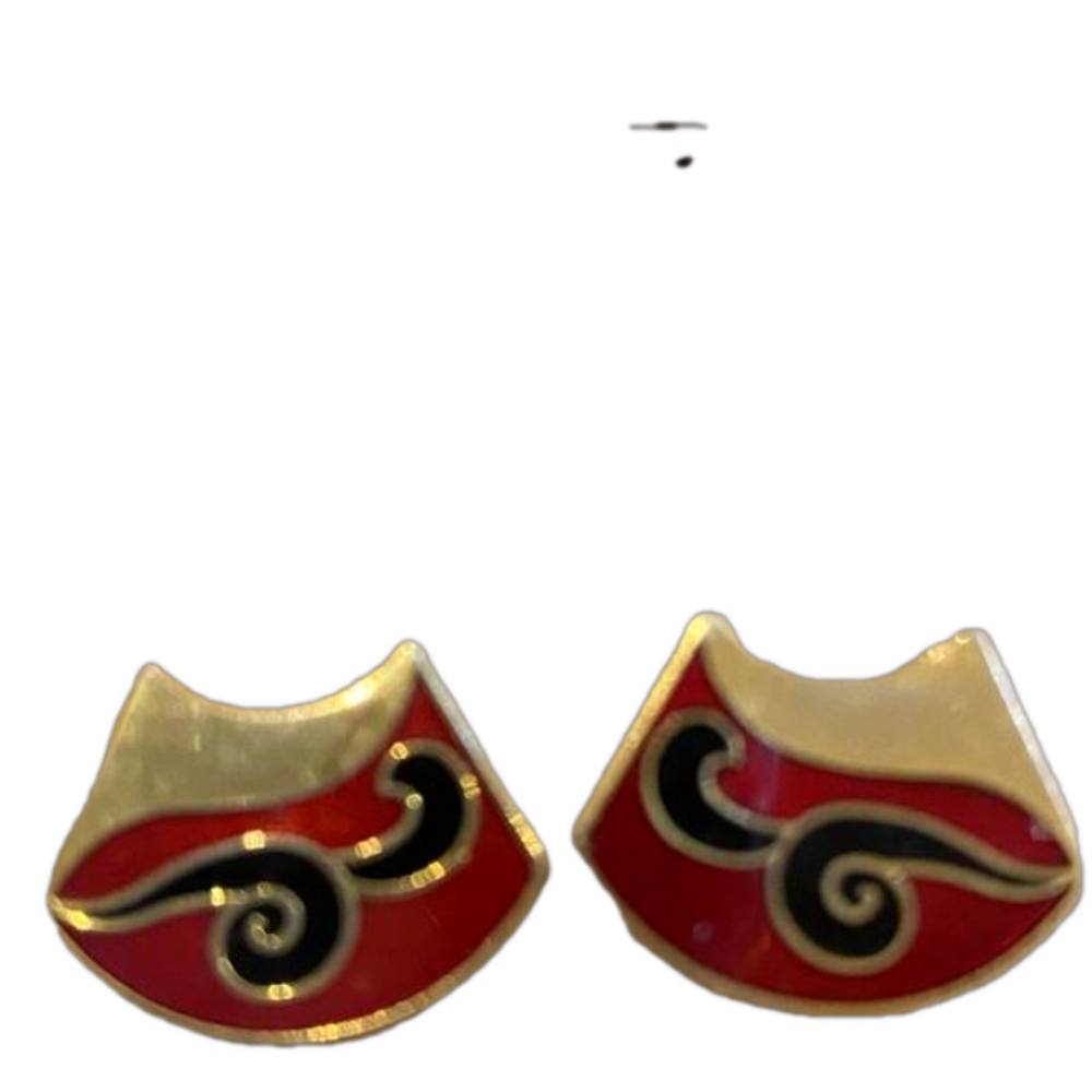 Vintage Signed S Huang Cloisonne Fan Earrings Red Black Enamel